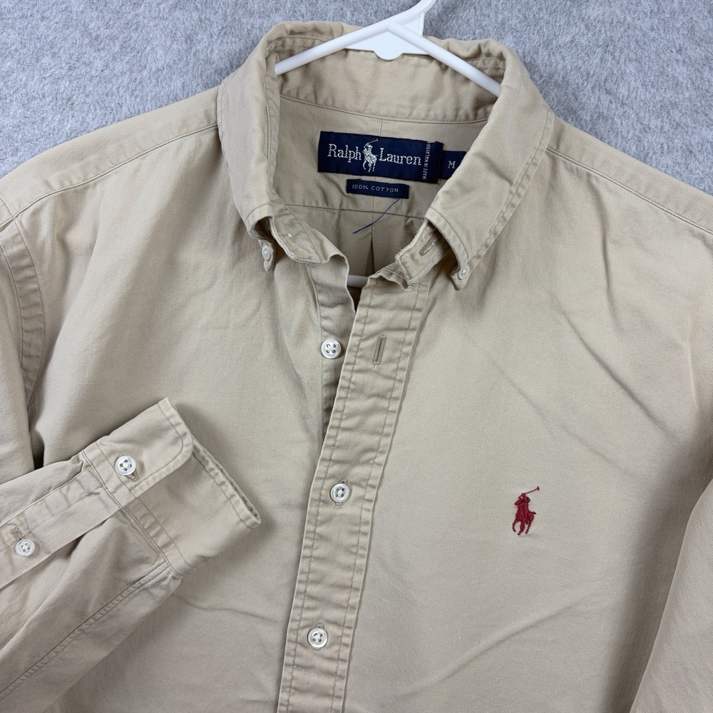 Vintage Ralph Lauren Shirt Mens Medium Khaki Twill Button Down Red Pony Cotton